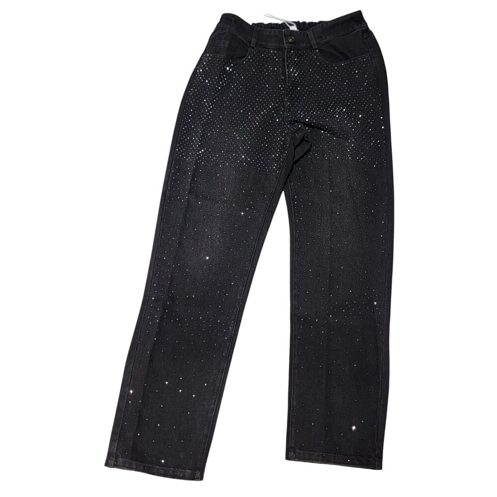 GeeGee Womens  S Black Rhinestone Studded Stretch Waist Denim Pants Jeans NWT